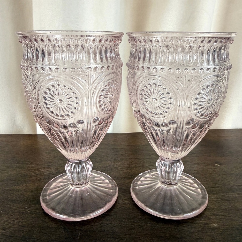 Weddingstar PAIR of Blush Pink Vintage Pressed Glass Water Wine Goblet 6 3/8"